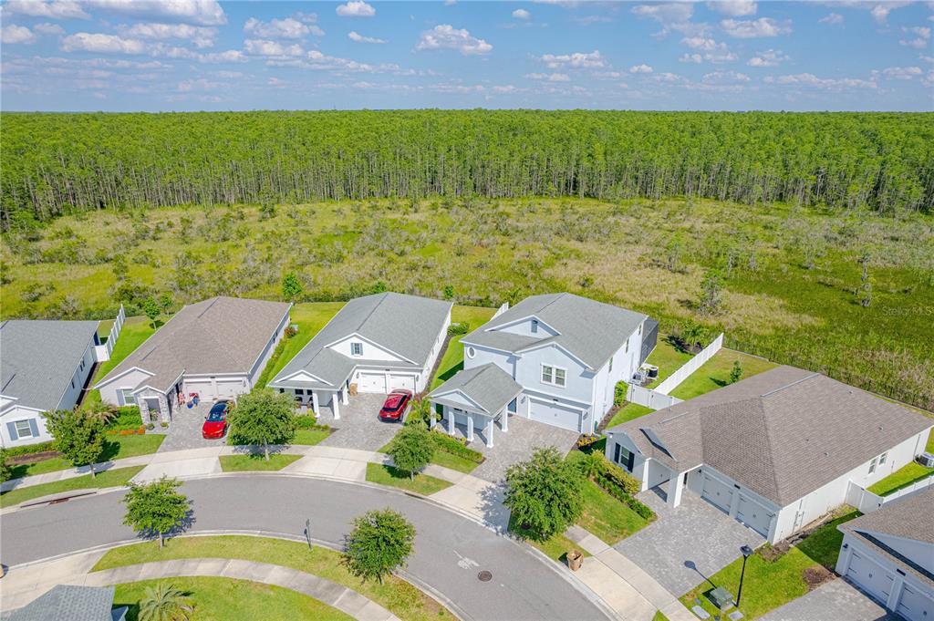 An aerial view shows several suburban houses with paved driveways bordering a large wooded area — 3032 PRELUDE LANE, KISSIMMEE, FL