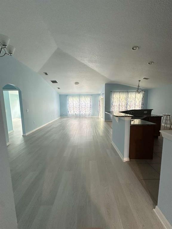 An open-concept living area features light-colored wood flooring, vaulted ceilings, and a kitchen island — 10816 CABBAGE TREE LOOP, ORLANDO, FL