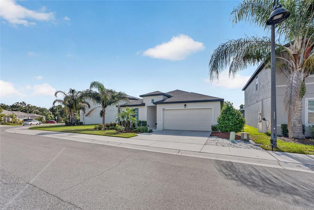 A single-story house with a two-car garage and palm trees sits on a suburban street — 6938 SHELBY LYNN WAY, ZEPHYRHILLS, FL