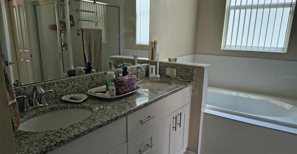 A bathroom features a granite-topped double vanity, white cabinets, a soaking tub, and a shower — 11300 MOLLYMAWK COURT, NEW PORT RICHEY, FL