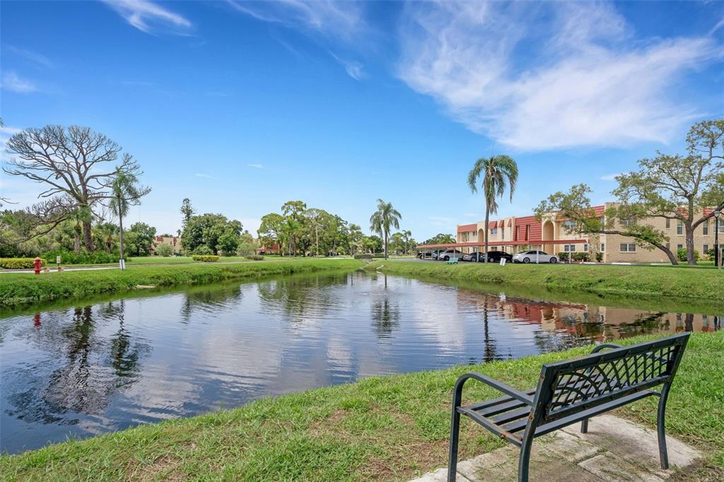 A metal bench sits on a grassy bank overlooking a pond near apartment buildings — 121 ASPEN CIRCLE UNIT 121, SEMINOLE, FL