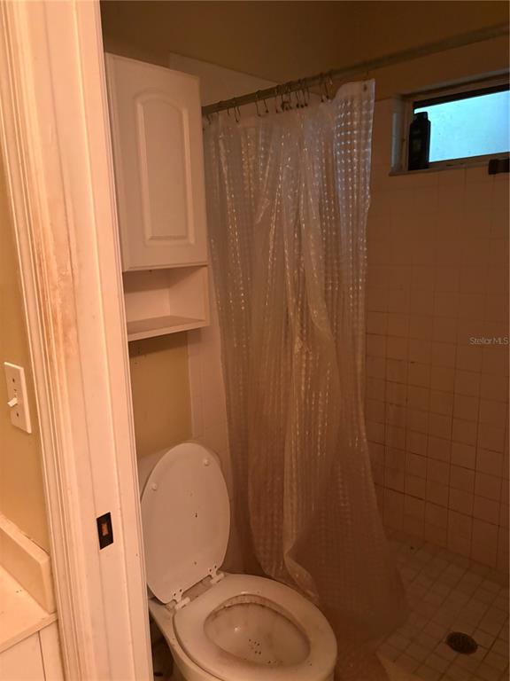A bathroom features a toilet, a white wall-mounted cabinet, and a shower with a curtain — 3743 WAKE AVENUE, SARASOTA, FL