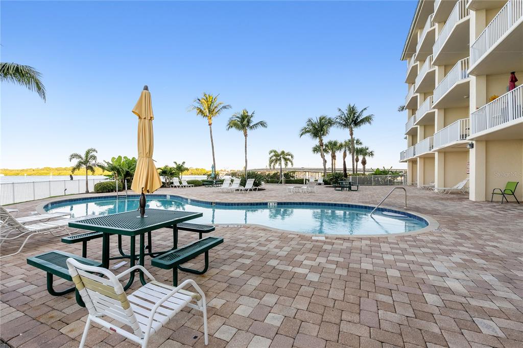 A swimming pool sits on a paved patio next to a multi-story building and water — 8800 BAY PINES BOULEVARD UNIT 102, ST PETERSBURG, FL