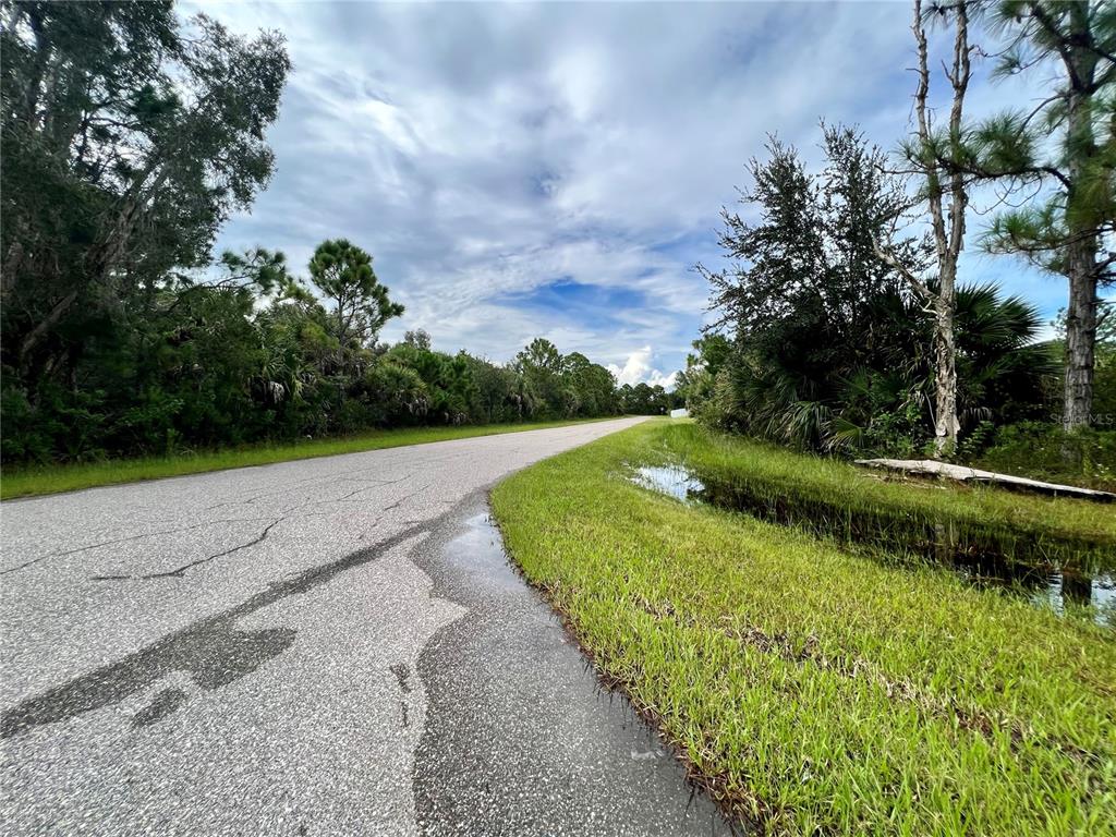 A paved road curves past a grassy shoulder with standing water and dense surrounding trees — 12068 ALUMNA AVENUE, PORT CHARLOTTE, FL