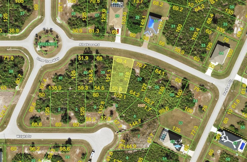 This is an aerial map showing property lot lines and dimensions in a residential neighborhood — 445 ALBATROSS ROAD, ROTONDA WEST, FL