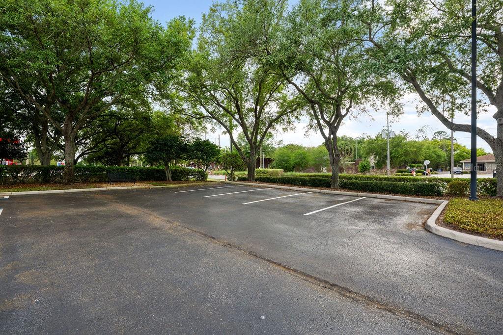 An outdoor parking lot with marked spaces bordered by trees and a manicured hedge — 2658 MAGUIRE ROAD, OCOEE, FL