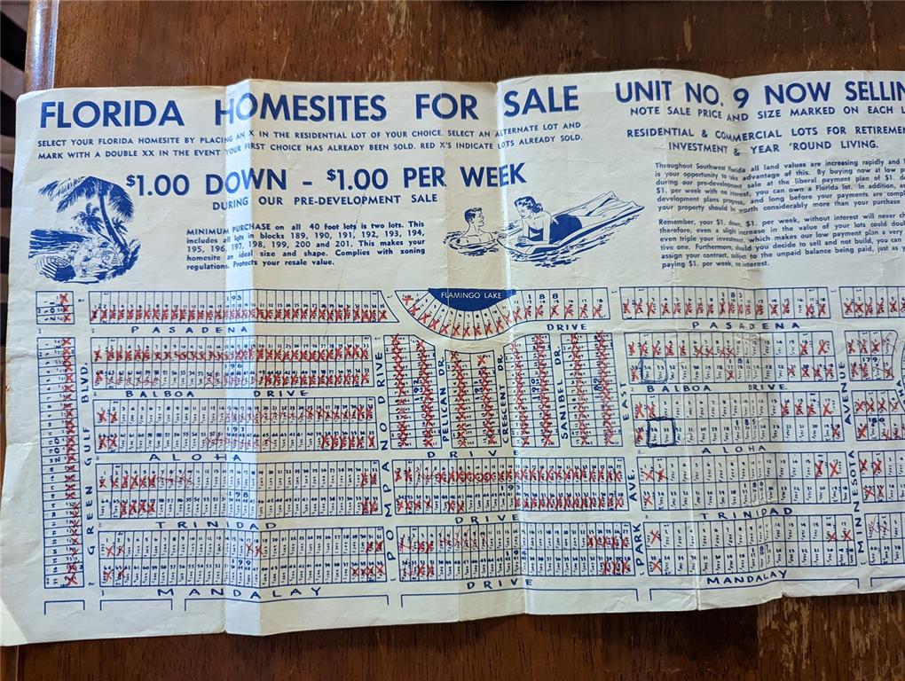 This is a vintage real estate map showing available residential lots for sale in Florida — 27294 ALOHA DRIVE, PUNTA GORDA, FL
