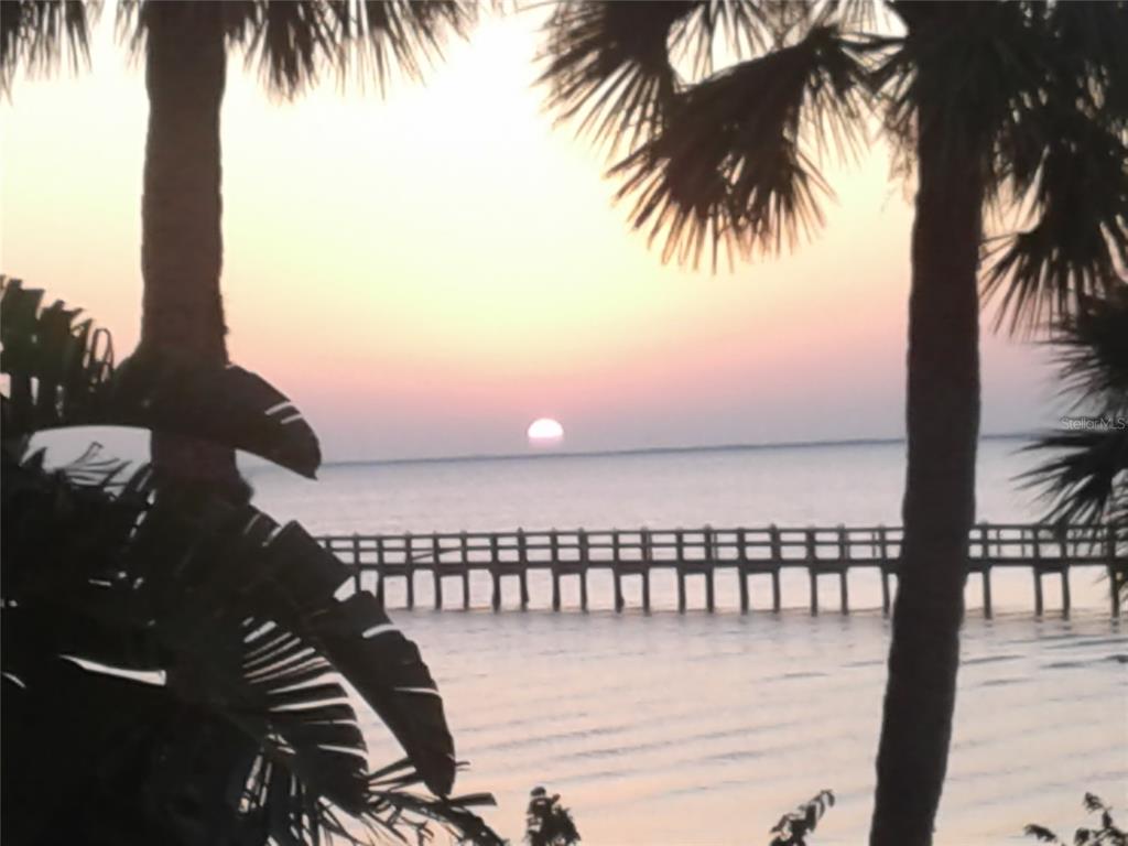 A sunset view over the water with a wooden pier framed by palm trees — KACHER ROAD, NORTH PORT, FL