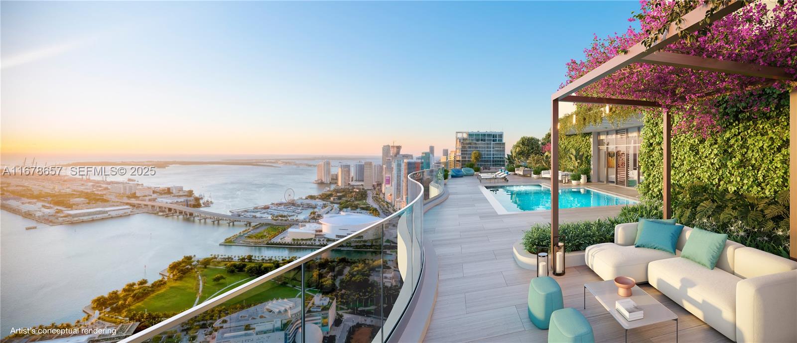 This artist's conceptual rendering shows a luxury balcony with a pool, seating, and city views — 1400 Biscayne Boulevard # 403, Miami FL 33132, MIAMI, FL