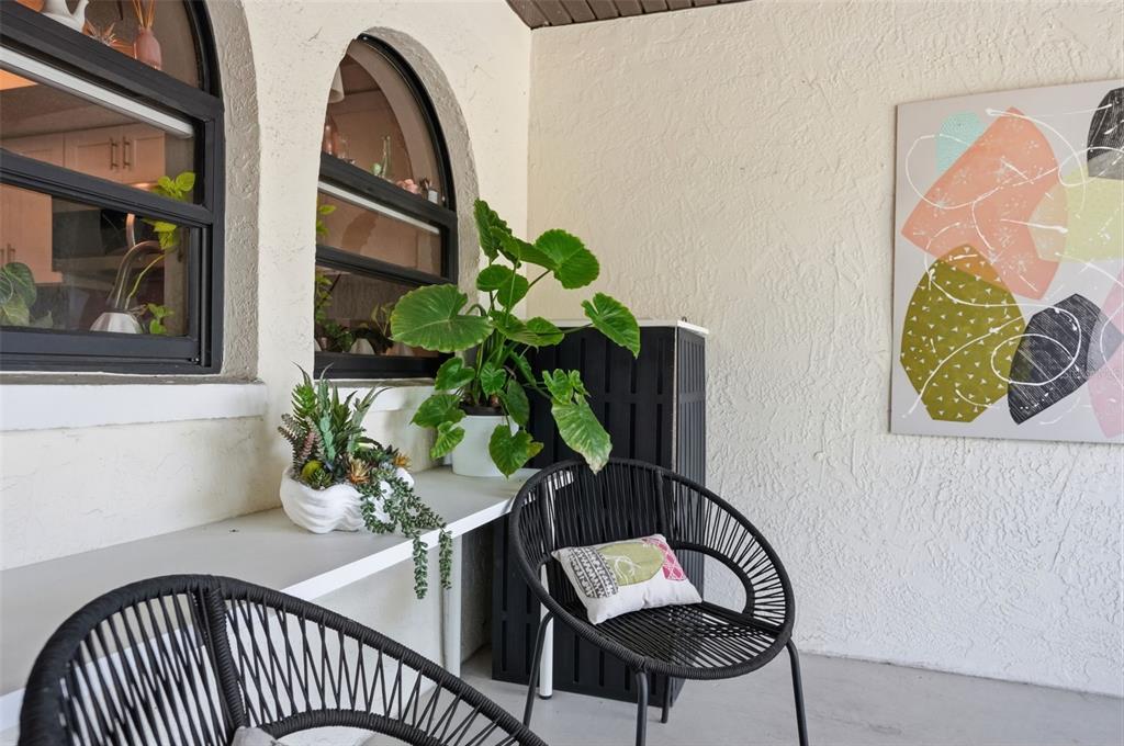 A patio features two black woven chairs, a white shelf, potted plants, and wall art — 9143 LINGROVE ROAD, WEEKI WACHEE, FL