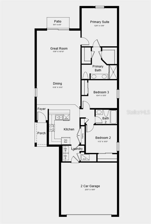 This floor plan shows a three-bedroom, two-bathroom home with a two-car garage and patio — 136 BRINSMEAD ROAD, HAINES CITY, FL