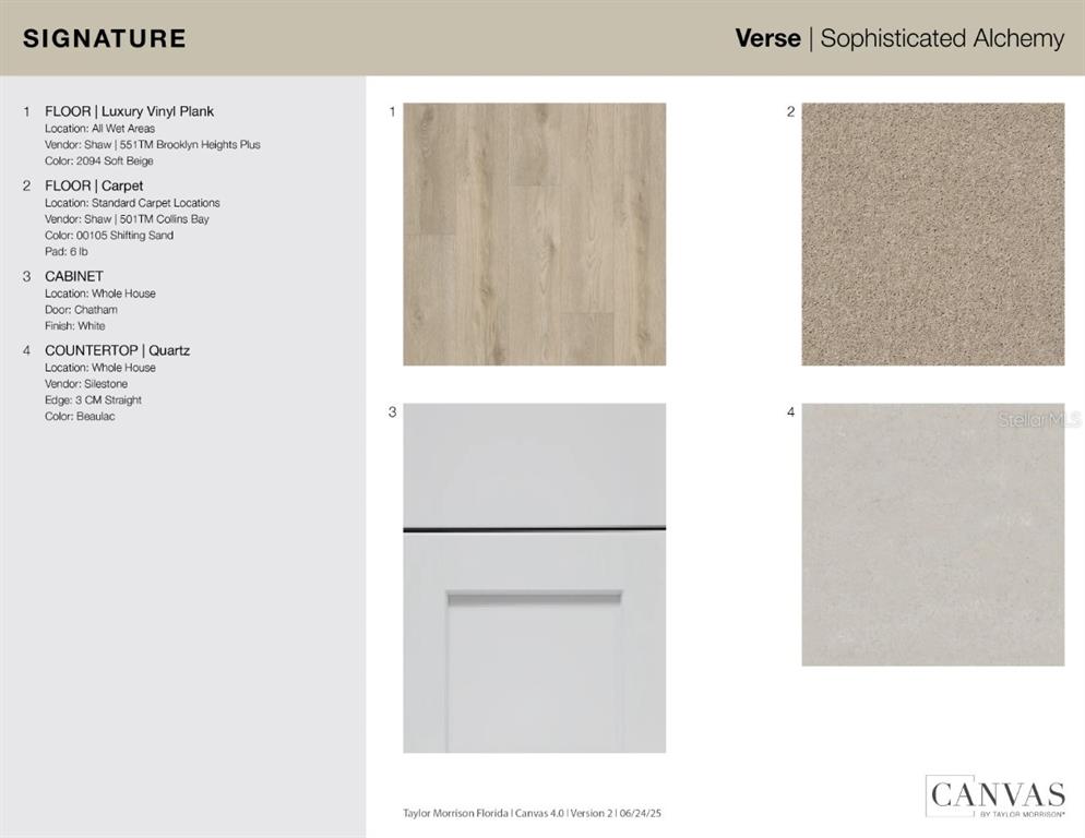This design board displays samples for luxury vinyl plank, carpet, white cabinets, and quartz countertops — 136 BRINSMEAD ROAD, HAINES CITY, FL