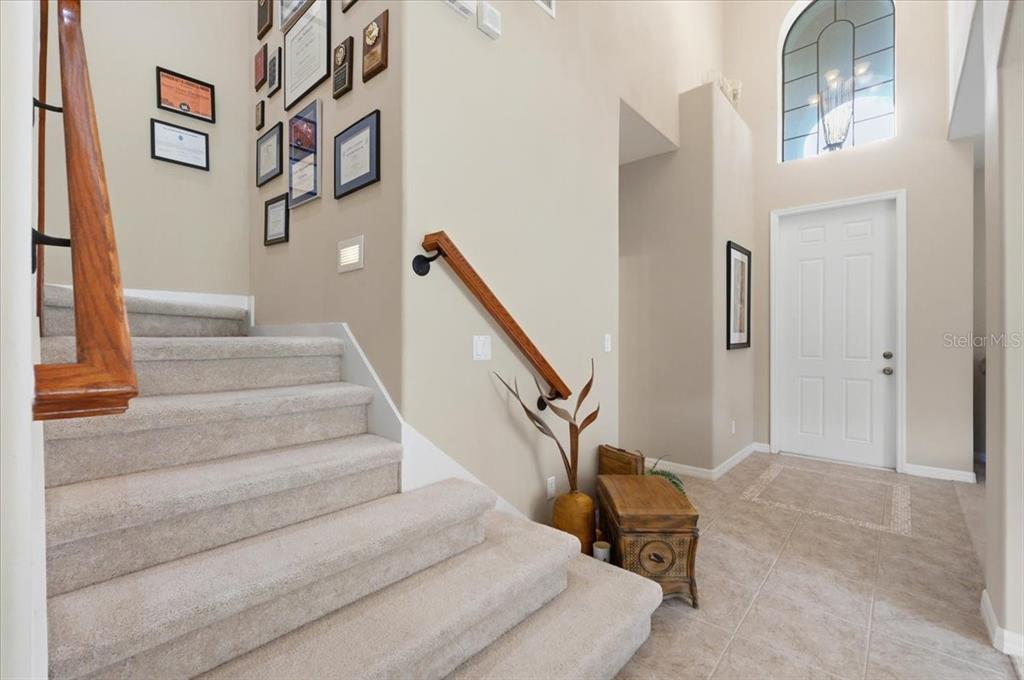 A carpeted staircase with a wooden handrail leads to a tiled entryway with a door — 268 OAK LANDING LANE, MULBERRY, FL
