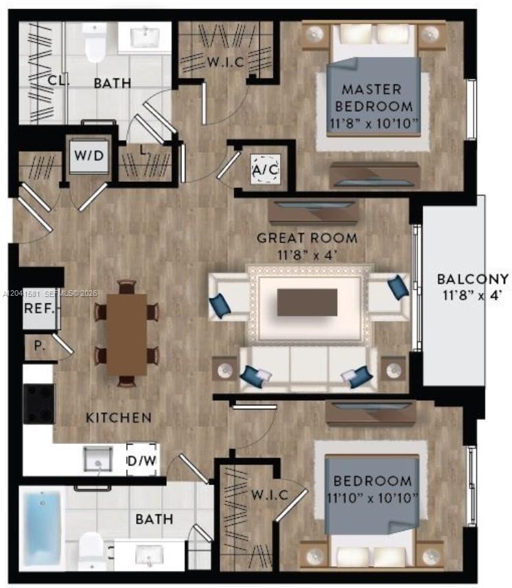 This is a floor plan for a two-bedroom, two-bathroom apartment with a balcony — 221 SW 12th St # 212, Miami FL 33130, MIAMI, FL