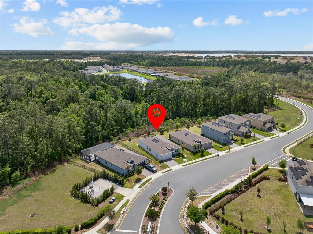 An aerial view shows a single-family home with a fenced backyard bordering a wooded area — 2894 CAMDEN WAY, DAVENPORT, FL