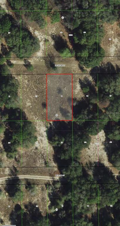 This is an aerial map view of a rectangular plot of land highlighted in red — 2407 JACKSON STREET, INVERNESS, FL