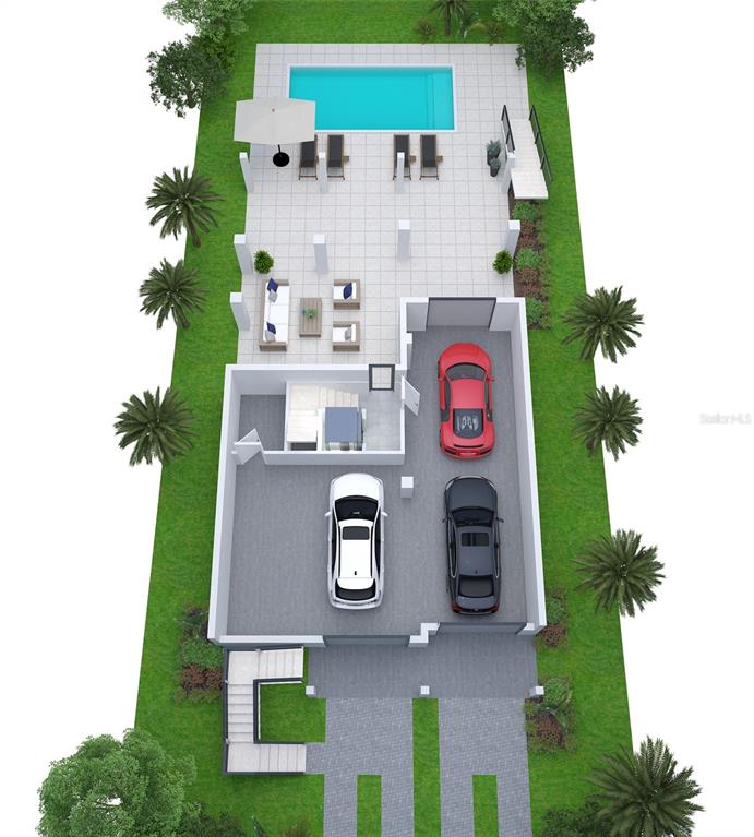 This 3D floor plan rendering shows a house with a three-car garage and backyard pool — 2519 N RIVERSIDE DR, TAMPA, FL