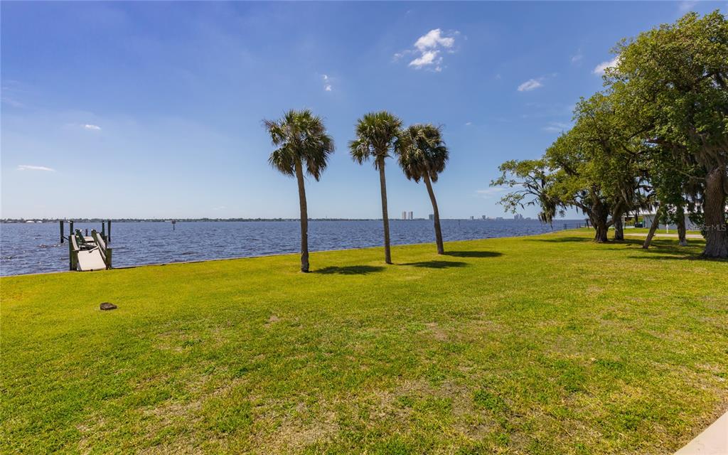 A grassy lawn leads to a waterfront view with three palm trees and a dock — 1808 STEVENSON ROAD, NORTH FORT MYERS, FL