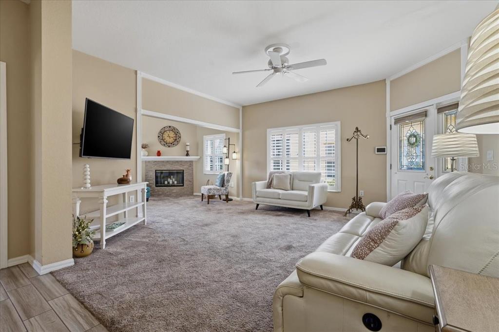 A living room features beige walls, carpeted flooring, a fireplace, and white furniture — 1171 ROYAL BOULEVARD, PALM HARBOR, FL