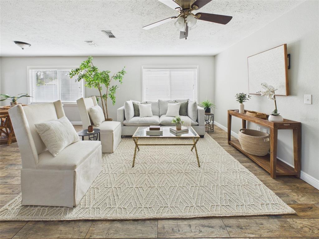 A living room features light-colored furniture, a patterned area rug, and wood-look tile flooring — 37207 MCMINN AVENUE, DADE CITY, FL