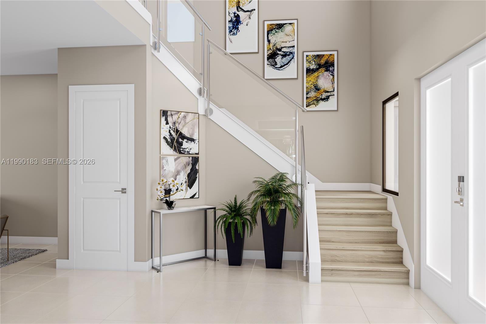 This rendering shows a modern entryway with a glass-railed staircase and abstract wall art — 19613 NE 14 AVE, Miami FL 33179, MIAMI, FL