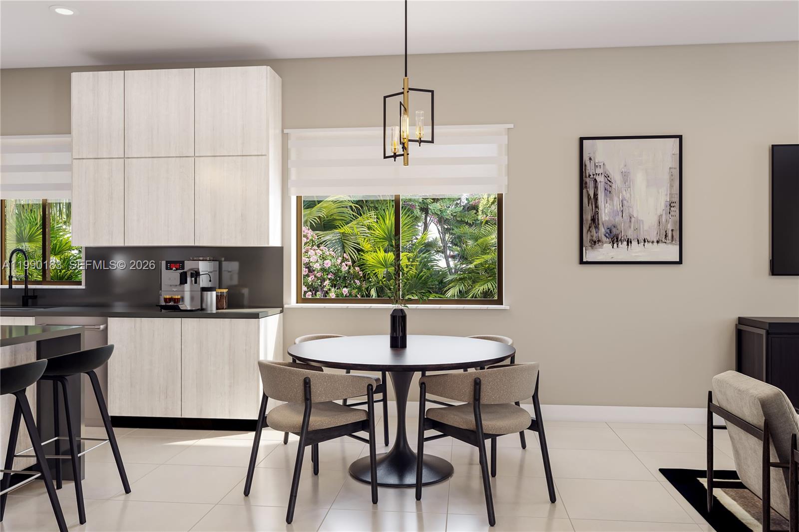 This is a rendering of a modern kitchen and dining area with light wood cabinetry — 19613 NE 14 AVE, Miami FL 33179, MIAMI, FL