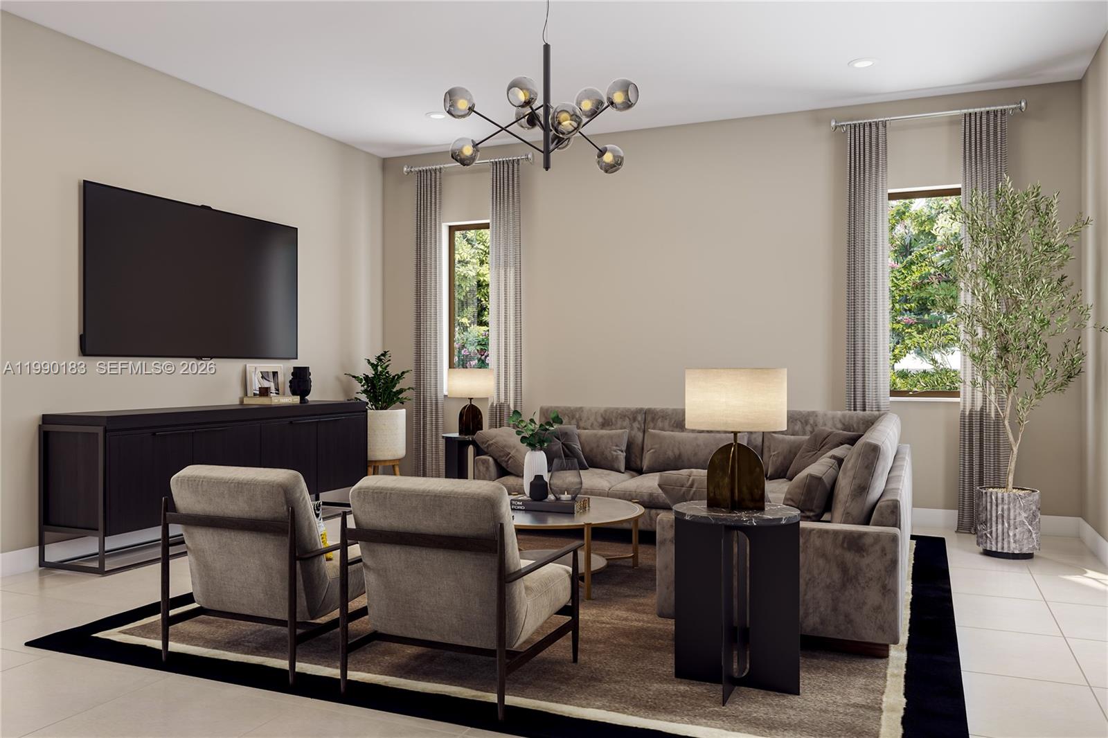 This is a rendering of a modern living room featuring a sectional sofa and television — 19613 NE 14 AVE, Miami FL 33179, MIAMI, FL
