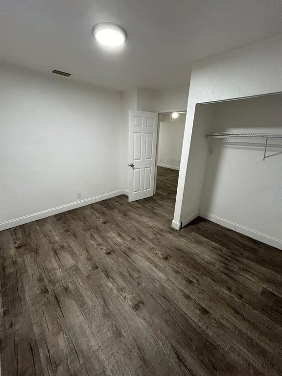 An empty bedroom features wood-look flooring, white walls, a ceiling light, and an open closet — 8113 N ALASKA STREET, TAMPA, FL