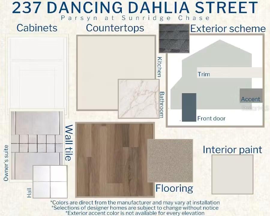 This design board displays material samples for cabinets, countertops, tile, flooring, paint, and exterior finishes — 237 DANCING DAHLIA STREET, RUSKIN, FL