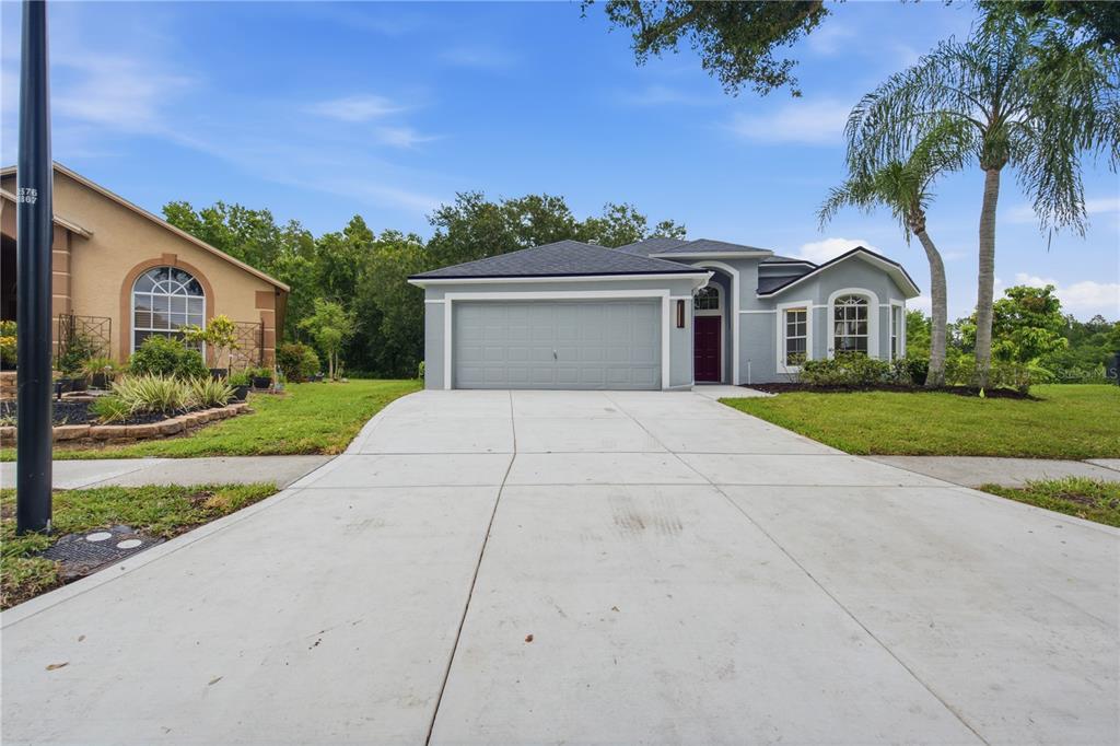 A gray single-story house with a two-car garage and a concrete driveway — 6003 CHELLAS COURT, LUTZ, FL