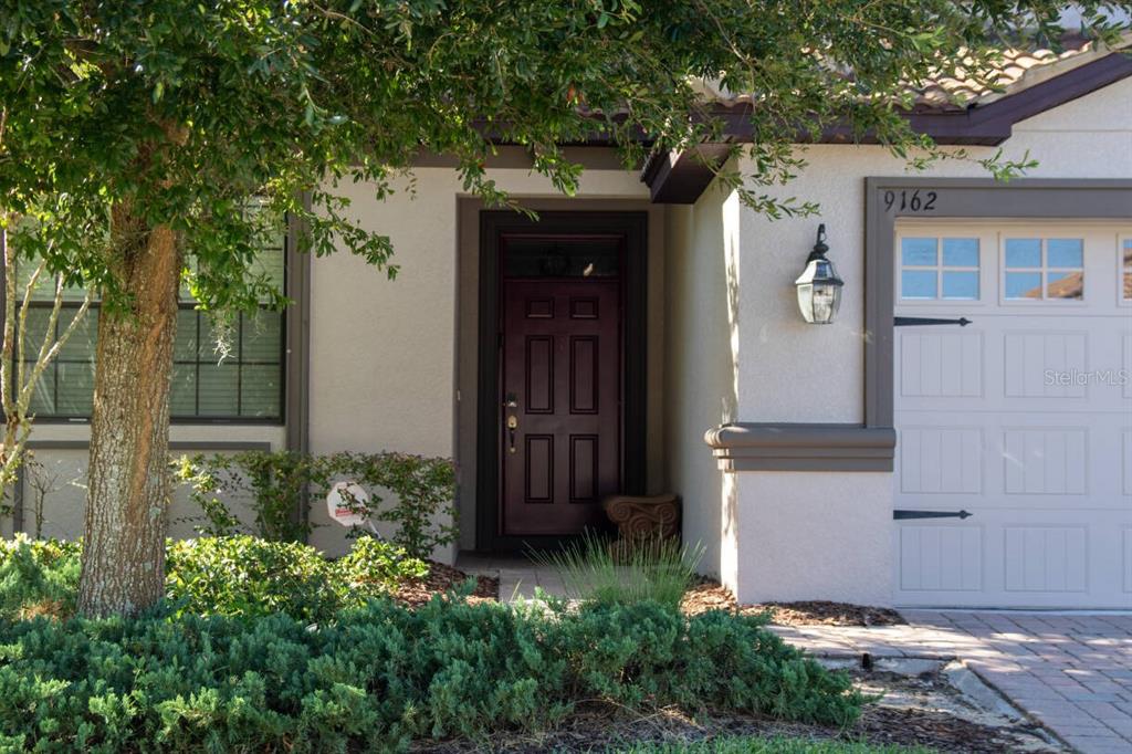 The exterior of a home features a dark front door, a garage, and a tree — 9162 WEDGE DRIVE, DAVENPORT, FL