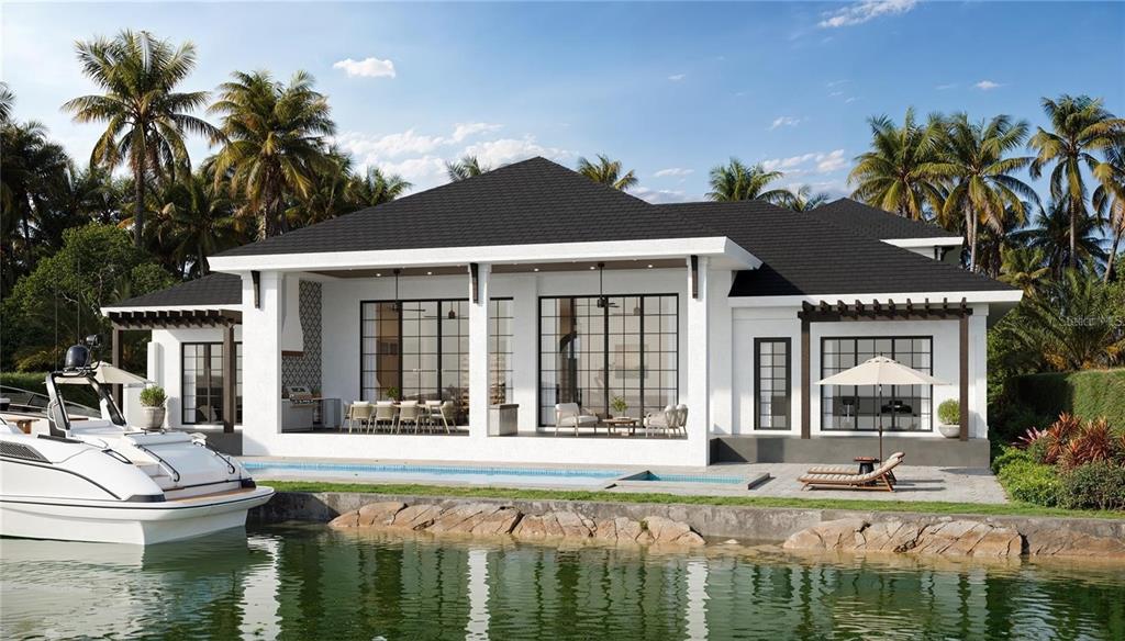 This is a rendering of a modern white house with a pool overlooking the water — 3441 GULFMEAD DRIVE, SARASOTA, FL