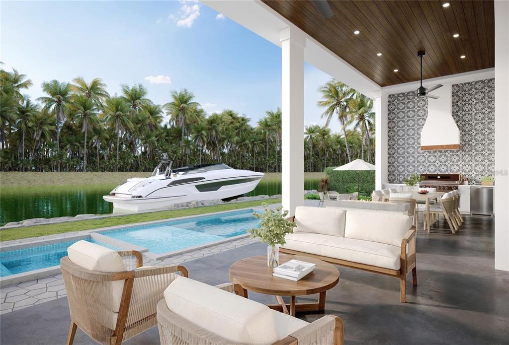 This architectural rendering shows a covered outdoor patio with a pool, seating area, and boat — 3441 GULFMEAD DRIVE, SARASOTA, FL