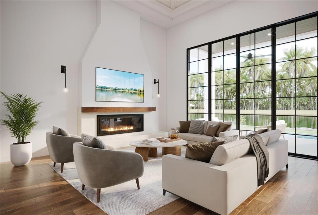 This rendering shows a modern living room with a fireplace, television, and floor-to-ceiling windows — 3441 GULFMEAD DRIVE, SARASOTA, FL