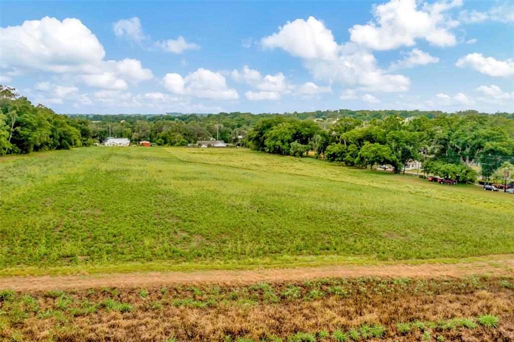 An elevated view of a large, grassy, undeveloped field surrounded by trees under a cloudy sky — FORT KING RD ROAD, DADE CITY, FL