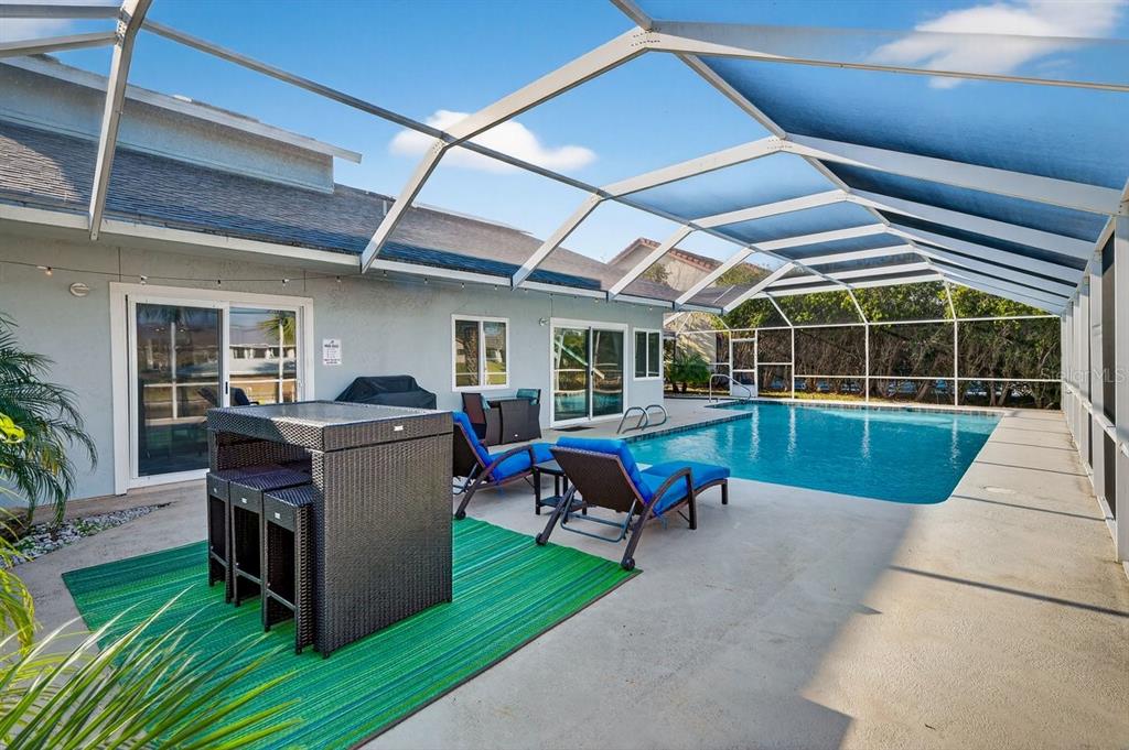 A screened-in patio features a swimming pool, outdoor furniture, and a green area rug — 10 FLEMING COURT, PALM COAST, FL
