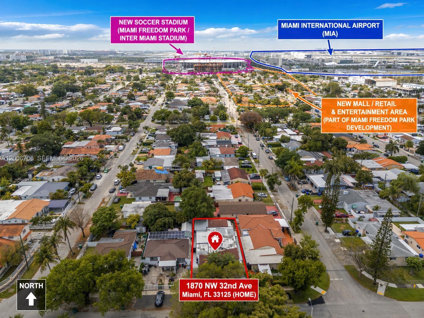 An aerial view shows a residential house with a red outline near a stadium construction site — 1870 NW 32nd Ave, Miami FL 33125, MIAMI, FL