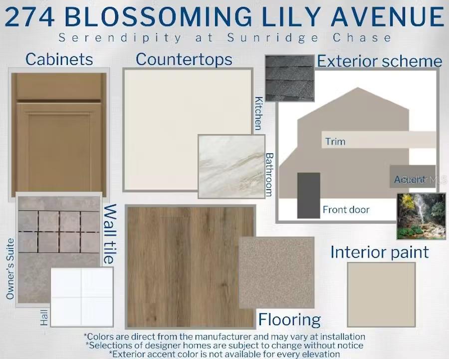 This design board displays material samples for cabinets, countertops, flooring, wall tile, and exterior finishes — 274 BLOSSOMING LILY AVENUE, RUSKIN, FL
