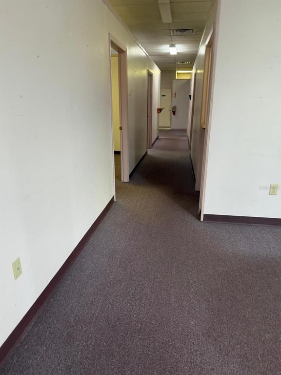 A long, narrow hallway features gray carpet, white walls, and several open doorways — 6000 STATE ROAD 544, WINTER HAVEN, FL