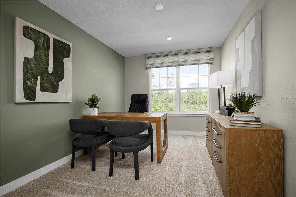 A home office features a wooden desk, two dark chairs, a dresser, and green walls — 20462 LOU ANGELA LANE, LUTZ, FL