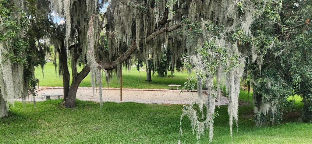 A sandy bocce ball court sits under large oak trees draped in Spanish moss — 3316 FISH HAWK DR, POLK CITY, FL