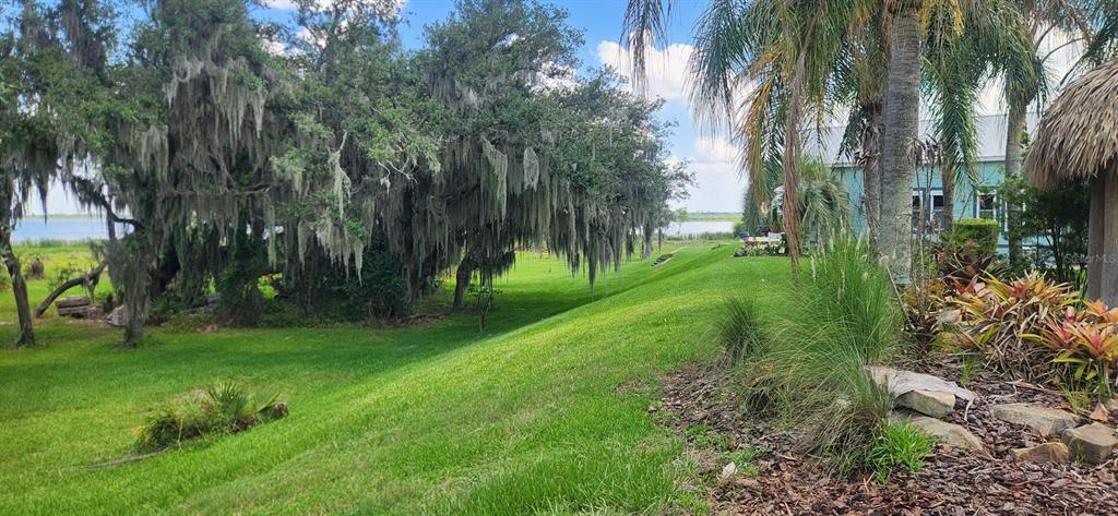 A grassy yard with large trees draped in Spanish moss overlooks a lake near a house — 3316 FISH HAWK DR, POLK CITY, FL