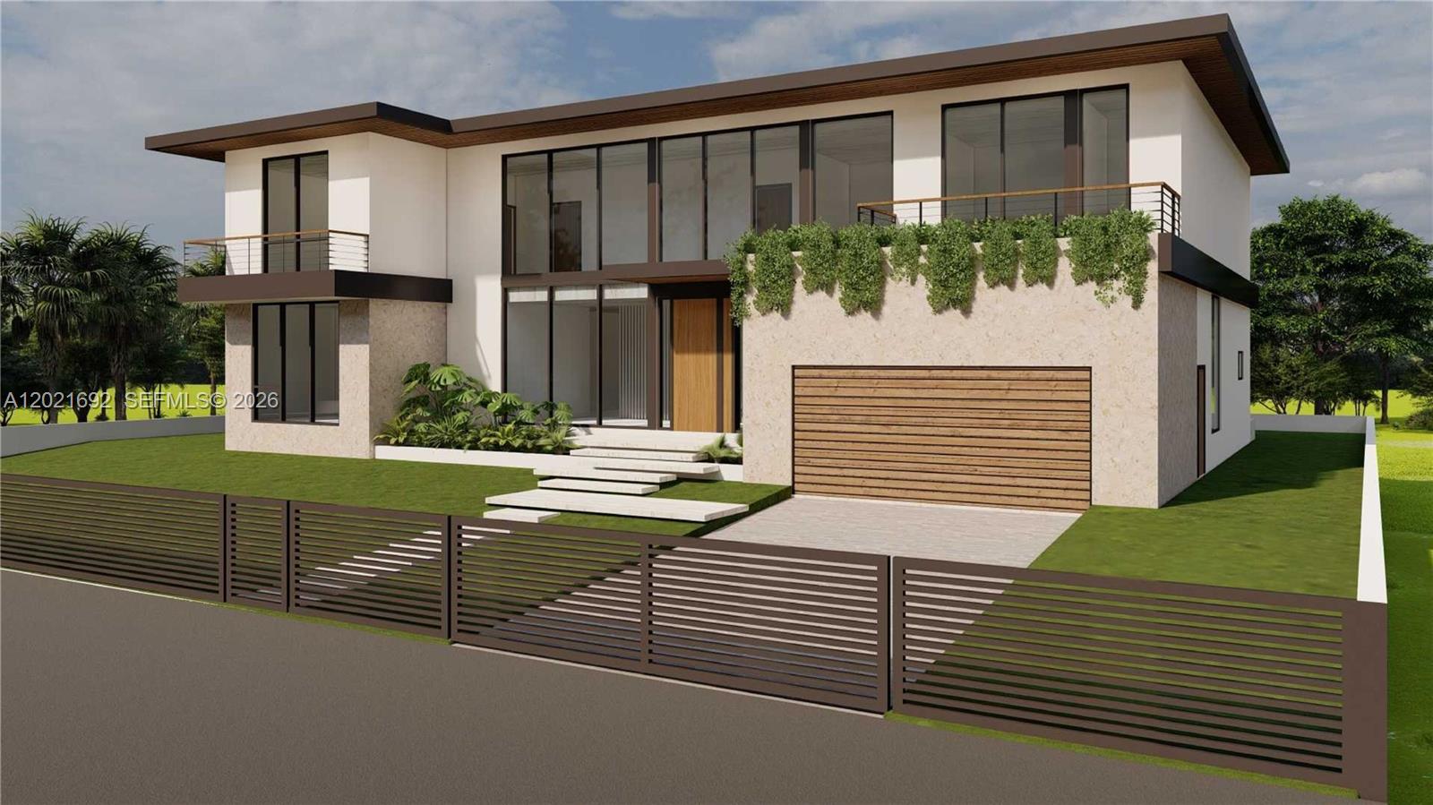 A digital rendering of a modern two-story house with a garage and gated front yard — 969 W 34th St, Miami Beach FL 33140, MIAMI BEACH, FL