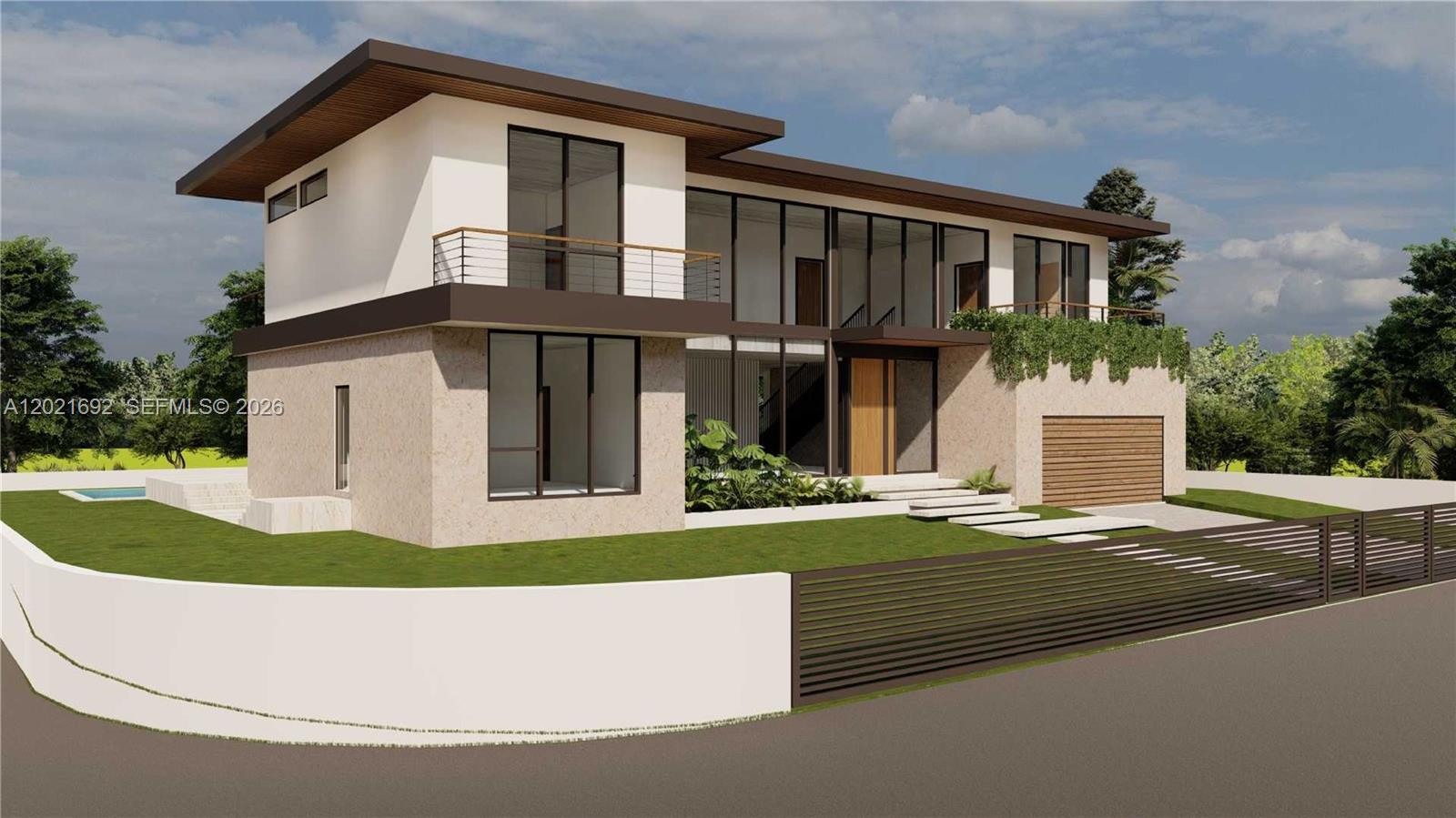 This is a rendering of a modern two-story house with a flat roof and garage — 969 W 34th St, Miami Beach FL 33140, MIAMI BEACH, FL