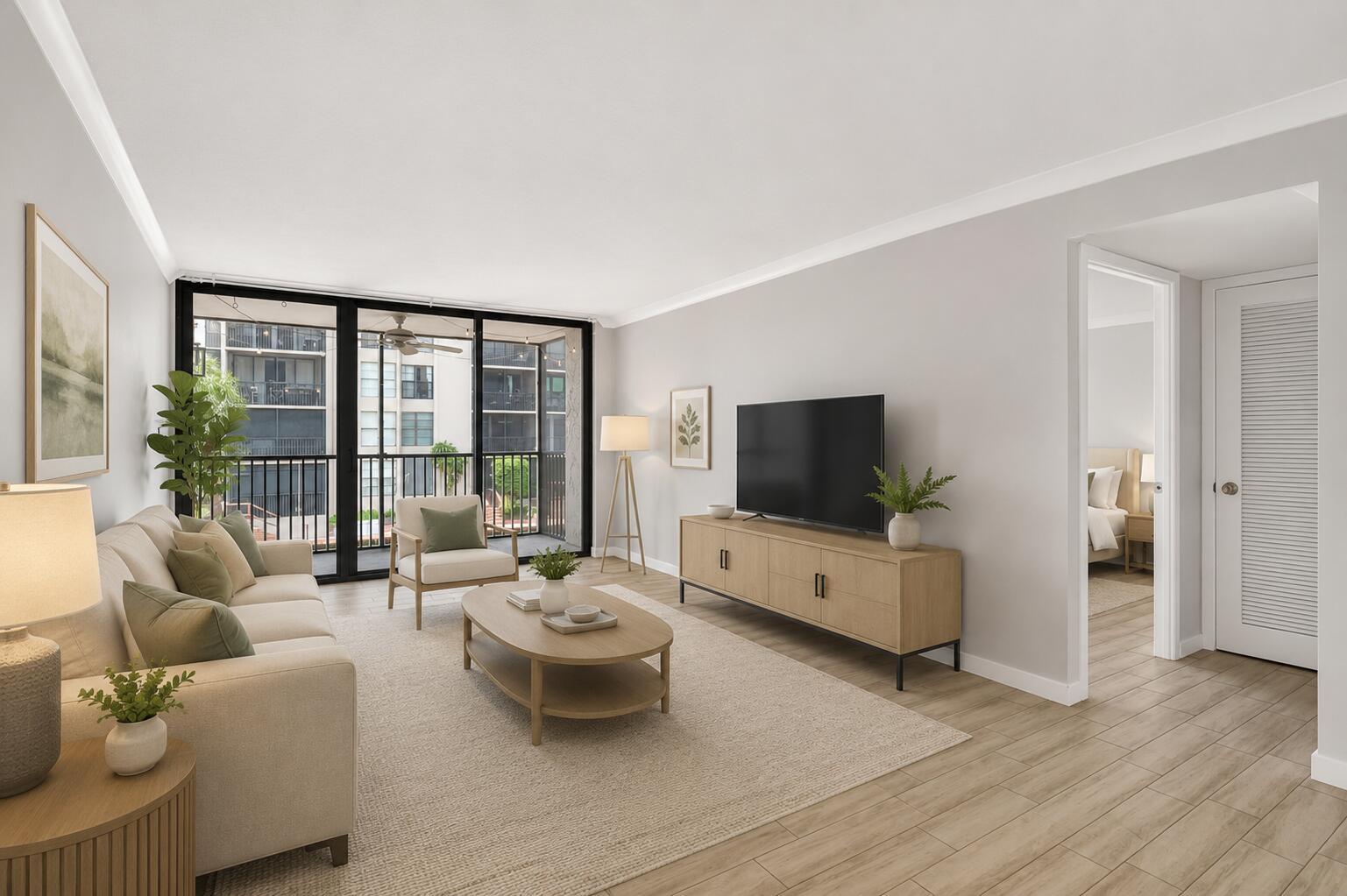 This is a digital rendering of a modern living room with light wood flooring — 8 Royal Palm Way # 203, Boca Raton FL 33432, BOCA RATON, FL