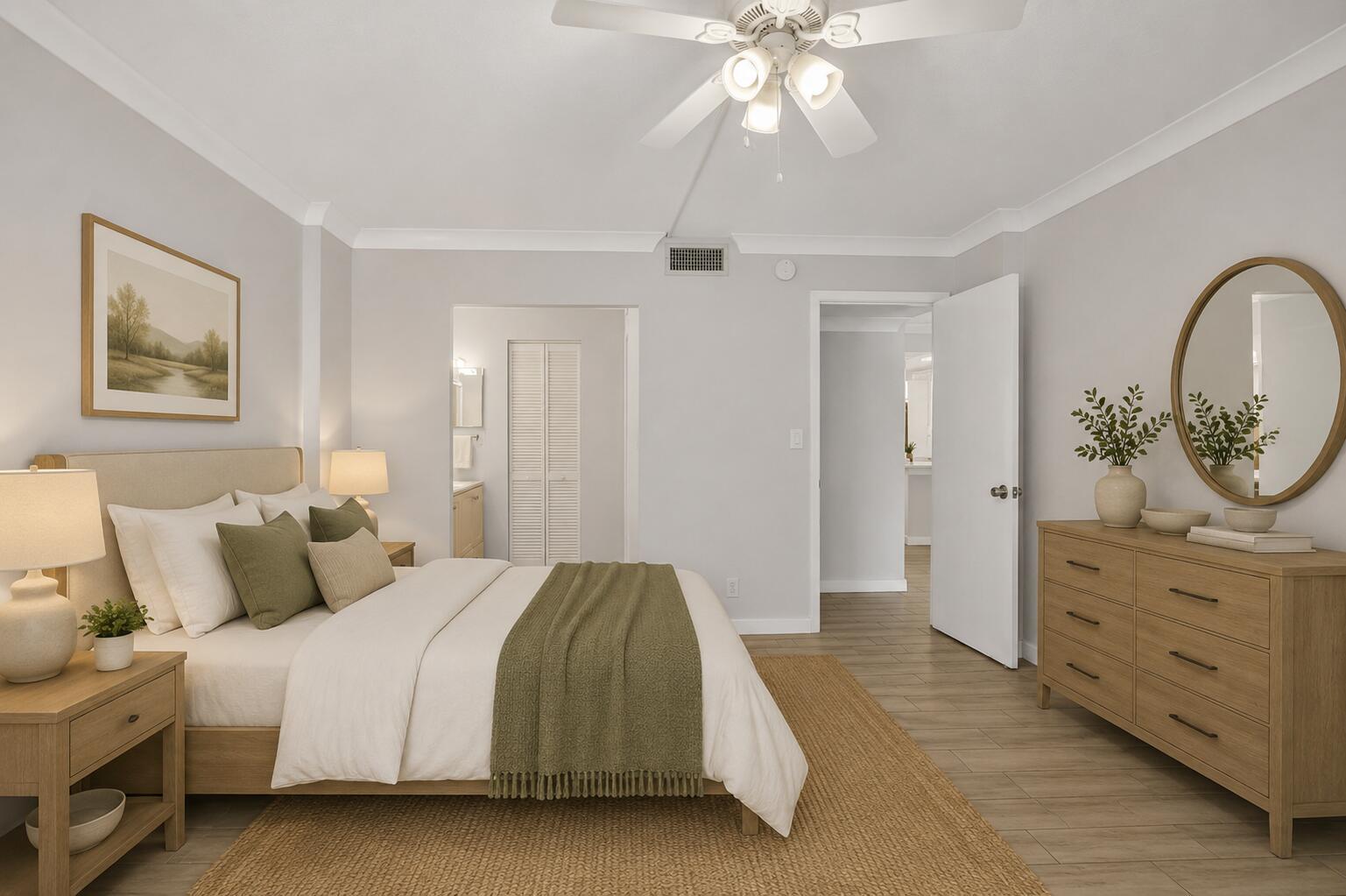 A bedroom with a bed, dresser, circular mirror, and ceiling fan on a wood floor — 8 Royal Palm Way # 203, Boca Raton FL 33432, BOCA RATON, FL