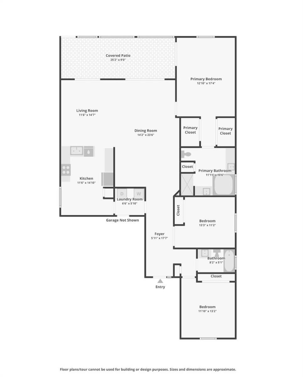 This is a floor plan for a three-bedroom, two-bathroom home with an open living area — 7207 Modena Drive, Boynton Beach FL 33437, BOYNTON BEACH, FL