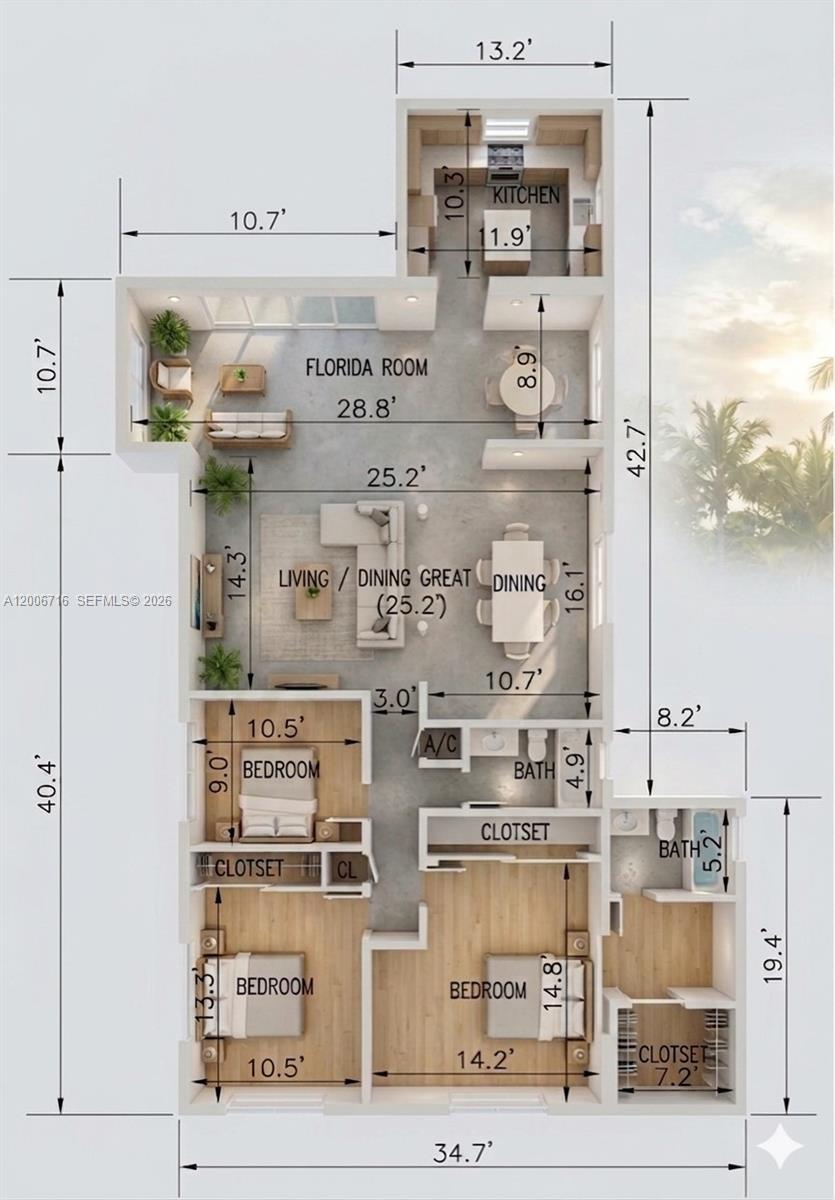 This is a 3D floor plan rendering of a three-bedroom apartment with a Florida room — 3831 E 10th Ave, Hialeah FL 33013, HIALEAH, FL