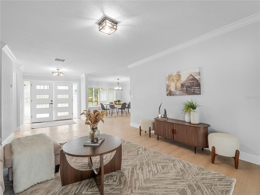 A bright living room features light wood flooring, a patterned area rug, and modern furniture — 15901 DOVER CLIFFE DRIVE, LUTZ, FL