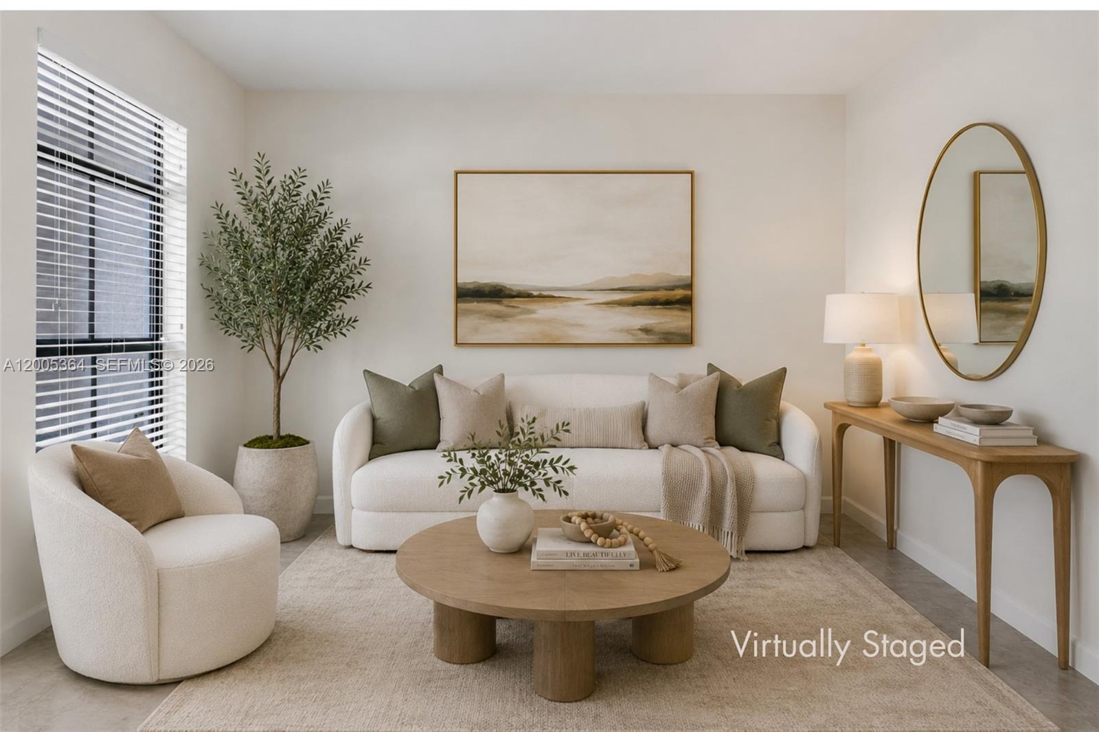 This is a virtually staged living room featuring a white sofa, round table, and mirror — 11738 SW 238th St, Homestead FL 33032, HOMESTEAD, FL